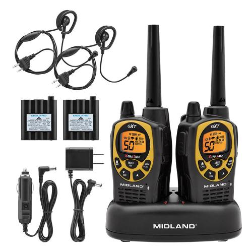 2 handheld radios with drop-in charger, headset, battery packs, and power cords